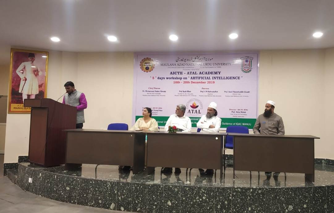 AICTE:  Mr. Mohd. Yousuf addressing. (L-R) Prof. Saneem Fatima, Prof. S M Rahmatullah, Prof Syed Mohammed Haseebuddin Quadri and Dr Mohammed Yousuf Khan also seen.