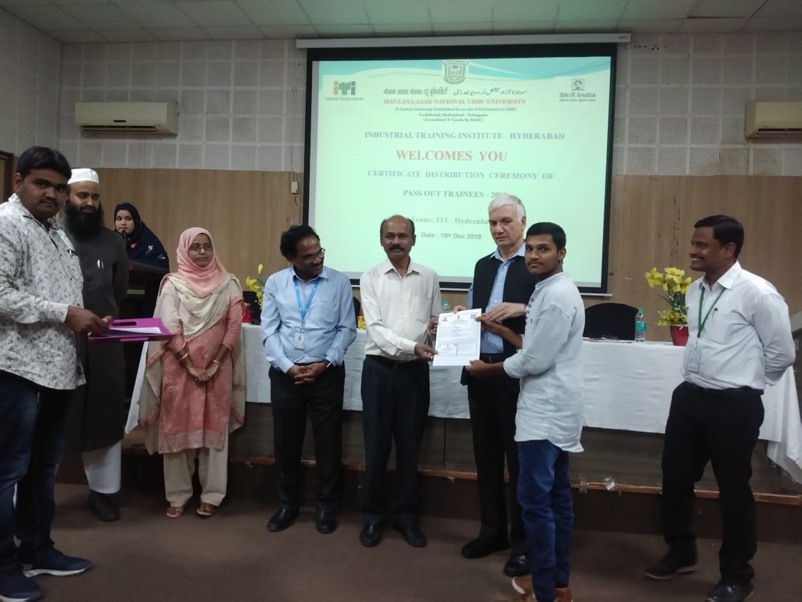 ITI:  Mr Narsaiah and Prof. Ayub Khan presenting certificate to a student.   Dr . Surya Prakash, Mr. Laxmi Narayan,  Dr. Mohd Yousuf Khan, Dr. Arshia Azam also seen.  