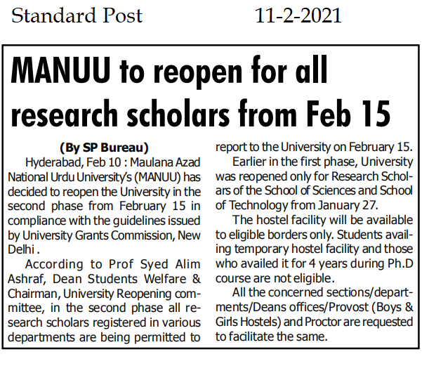 Press Clippings : MANUU to reopen for all research scholars from February 15