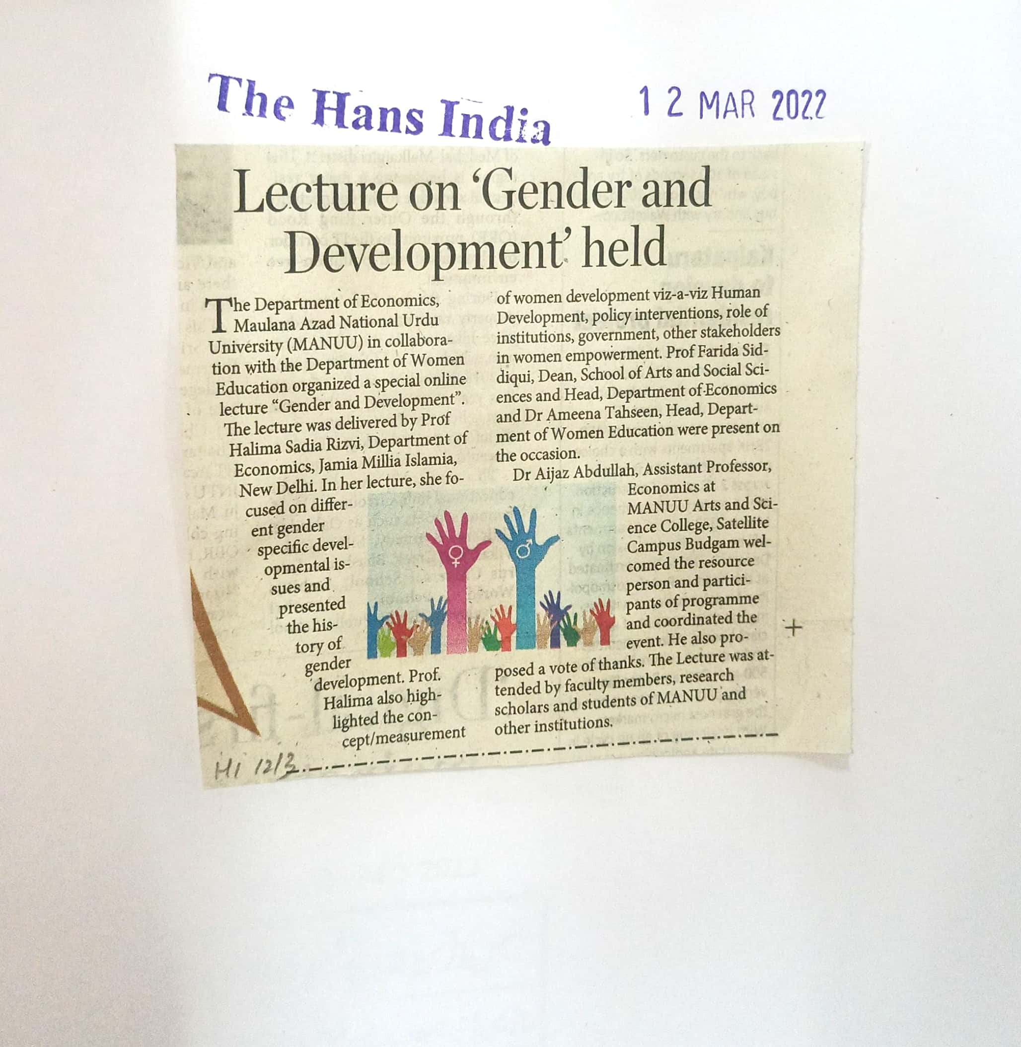  News Clippings of Admissions in Distance Mode, Lecture on Gender and Development, Women Mushaira, Seminar on Shamsur Rahman Farooqui, PhD to Asma Sultana