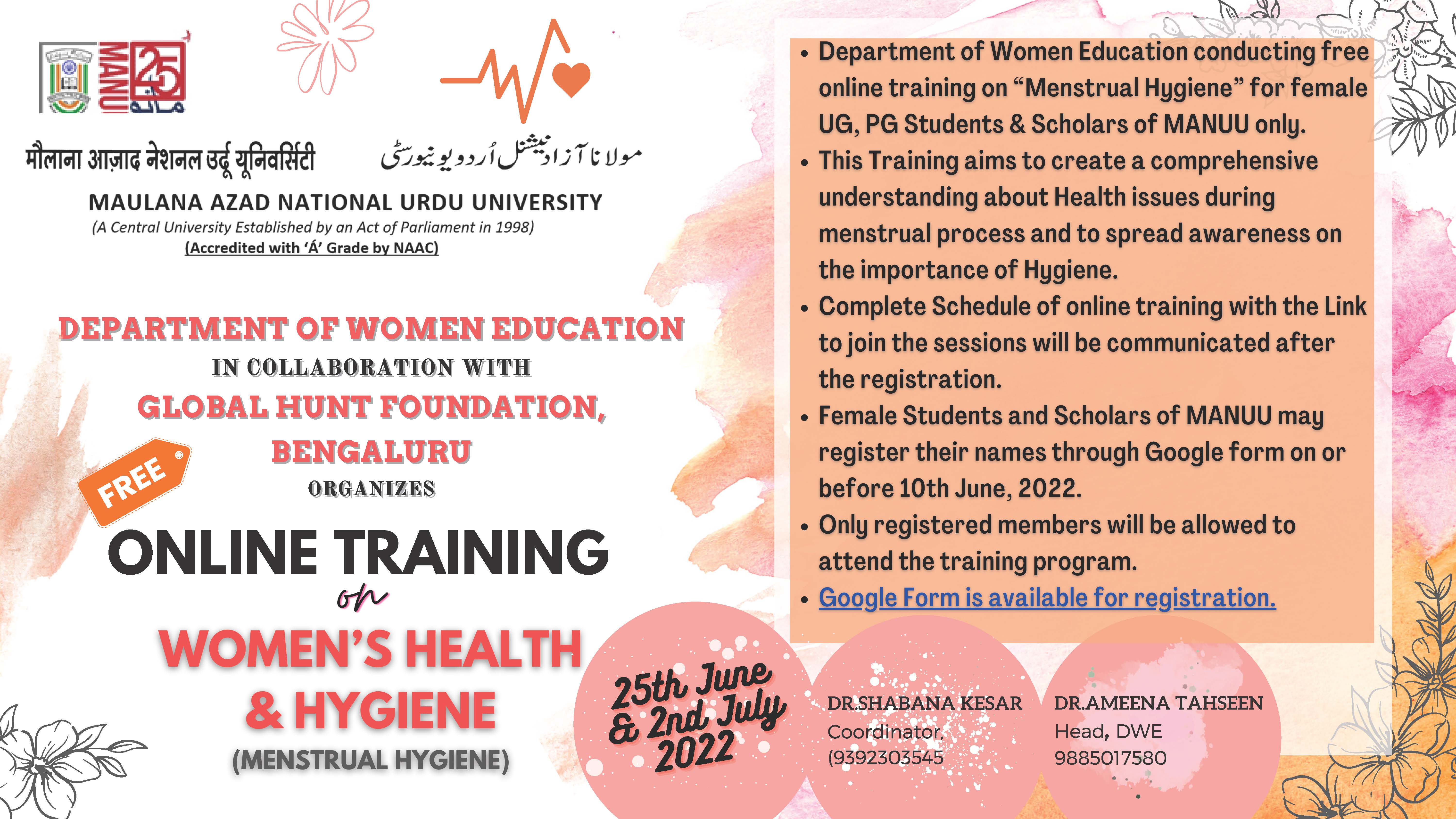 Online Training - Women's Health & Hygiene 'Menstrual Hygiene'