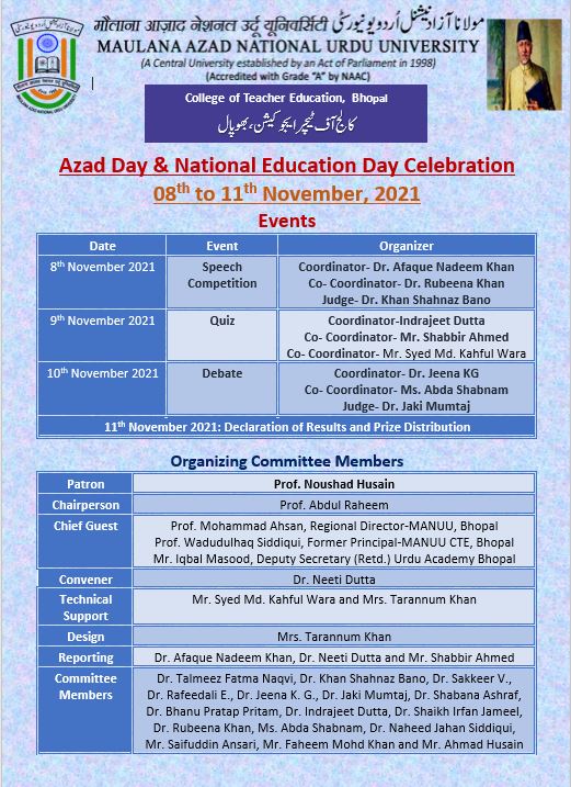 Azad Day and National Education Day Celebration 08 to11 November 2021