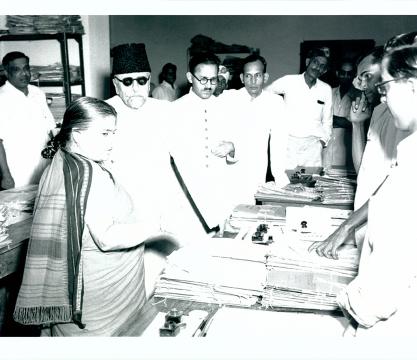 Maulana Abdul Kalam Azad, Union Minister for Education, visiting the Development Section of Central Social Welfare Board. Chairman, Smt. Durgabai Deshmukh, Maulana Azad (Minister for Education) and Shri K. C. Saiyidain, Addl. Secretary.