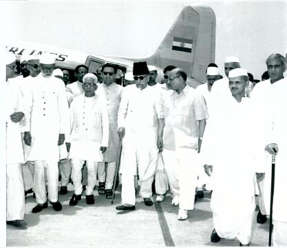 Maulana Abul Kalam Azad, Minister for Education being received at the Palam Airport when he returned to New Delhi on July 26, 1955 at the conclusion of his tour of the United Kingdom and other European Countries.