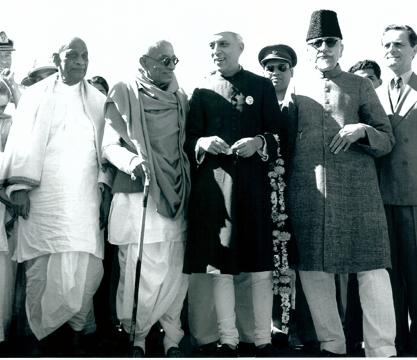 Pandit Jawaharlal Nehru who returned to New Delhi on October 6, 1948 after his visit to London and Paris, photographed at the Palam aerodrome with Sardar Vallabhbhai Patel, His Excellency Shri C. Rajagopalachari and Maulana Abul Kalam Azad.  