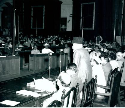 The Union Minister for Education, Maulana Abul Kalam Azad, delivering his inaugural address at the UNESCO Seminar on the Development of Public Libraries held in the Central Hall, Parliament House, New Delhi on October, 1955.