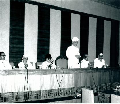 The Vice President, Dr. S. Radhakrishnan, inaugurating the meeting of the National Book Trust at Vigyan Bhavan, New Delhi on August 1, 1957. Seated on the dais (from L to R): Dr. K. L. Shrimali, Minister of State for Education and Scientific Research; Shri C. D. Deshmukh, Chairman of the National Book Trust of India; Maulana Abul Kalam Azad, Union Minister for Education and Scientific Research; The Prime Minister, Shri Jawaharlal Nehru and Shri K. G. Saiyidain, Secretary, Ministry of Education and Scientifi