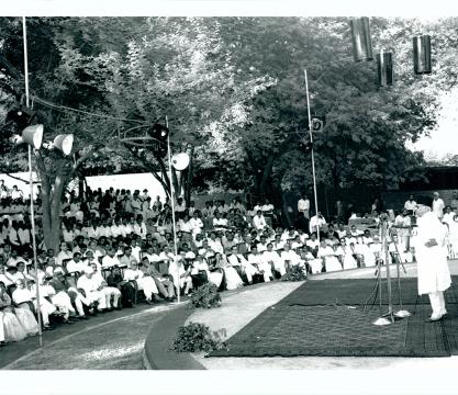 The Third Inter-University Youth Festival was held at the Open Air Theatre at the Talkotra Gardens in New Delhi on October 22, 1956. Photo shows Maulana Abul Kalam Azad, speaking on the occasion of its inauguration