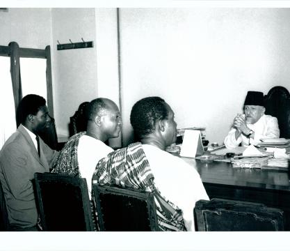 Foreign Students, holding Government of India Scholarship, meet Maulana Azad, Union Education Minister, at a reception held in New Delhi on November 22, 1954, by the Indian Council of Cultural Relations (Min. of Education).