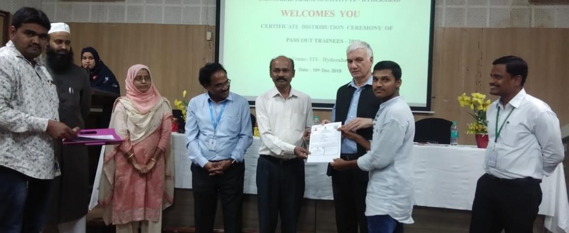 ITI:  Mr Narsaiah and Prof. Ayub Khan presenting certificate to a student.   Dr . Surya Prakash, Mr. Laxmi Narayan,  Dr. Mohd Yousuf Khan, Dr. Arshia Azam also seen.  