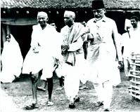 Mahatma Gandhi, Shri Jawaharlal Nehru and Maulana Abul Kalam Azad, in an old photograph.