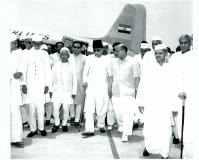 Maulana Abul Kalam Azad, Minister for Education being received at the Palam Airport when he returned to New Delhi on July 26, 1955 at the conclusion of his tour of the United Kingdom and other European Countries.