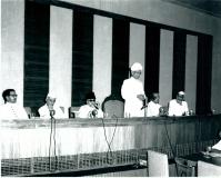 The Vice President, Dr. S. Radhakrishnan, inaugurating the meeting of the National Book Trust at Vigyan Bhavan, New Delhi on August 1, 1957. Seated on the dais (from L to R): Dr. K. L. Shrimali, Minister of State for Education and Scientific Research; Shri C. D. Deshmukh, Chairman of the National Book Trust of India; Maulana Abul Kalam Azad, Union Minister for Education and Scientific Research; The Prime Minister, Shri Jawaharlal Nehru and Shri K. G. Saiyidain, Secretary, Ministry of Education and Scientifi